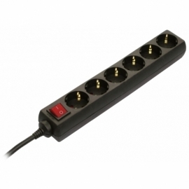 6 way socket outlet black, 1,4m H05VV-F 3G1,5 with