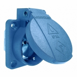 Panel mounting socket outlet blue self closing lid