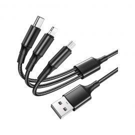 CABO USB 1.0m 3em1 Lightning+USB-C+micro-USB PRETO