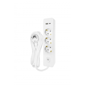 Bloco 3x SCHUKO 2P+T 16A + interruptor + carregador duplo USB A+C 3A PD 20W, 3m, branco
