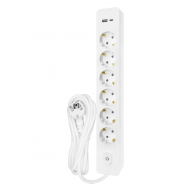 Bloco 6x SCHUKO 2P+T 16A + interruptor + carregador duplo USB A+C 3A PD 20W, 1.5m, branco