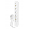 Bloco 6x SCHUKO 2P+T 16A + interruptor + carregador duplo USB A+C 3A PD 20W, 1.5m, branco
