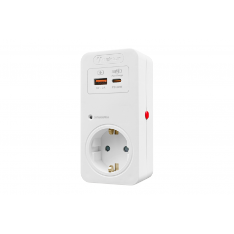 Adaptador protector sobretensões + sobrecarga + carregador duplo USB A+C 3A PD 20W 16A 250V