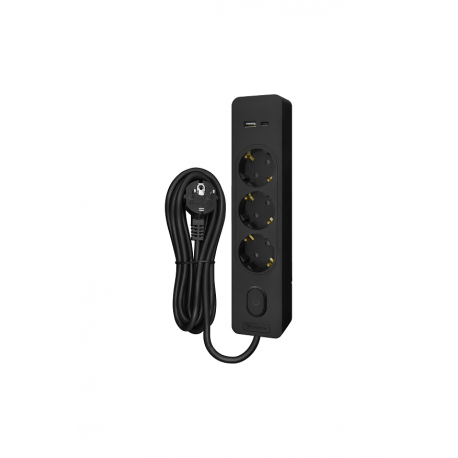 Bloco 3x SCHUKO 2P+T 16A + interruptor + carregador duplo USB A+C 3A PD 20W, 1.5m, preto