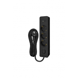 Bloco 3x SCHUKO 2P+T 16A + interruptor + carregador duplo USB A+C 3A PD 20W, 3m, preto