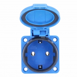 Panel mounting socket outlet blue self closing lid