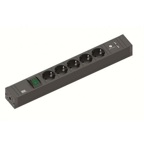 BLACK MULTIPLE 5x SCHUKO + 2x USB CHARGER + SWITCH