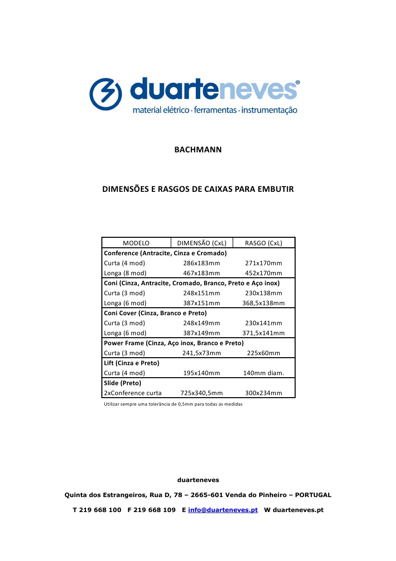 Folheto dimensões das Caixas BACHMANN